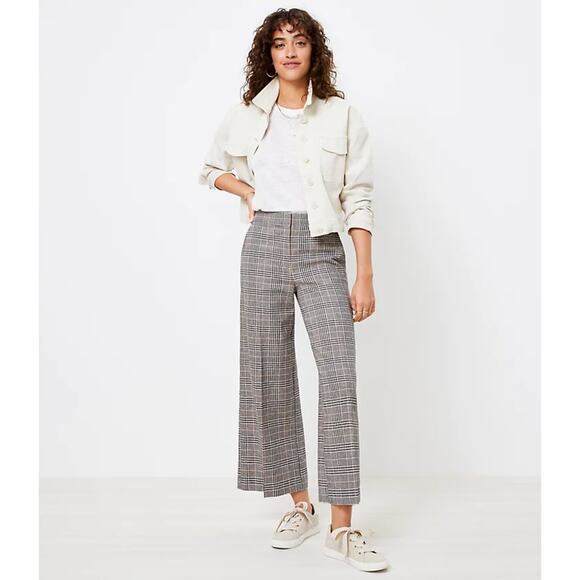 ANN TAYLOR LOFT Wide Leg Linen Blend Crop Pants in Plaid Black Multi {X2} - Picture 1 of 8